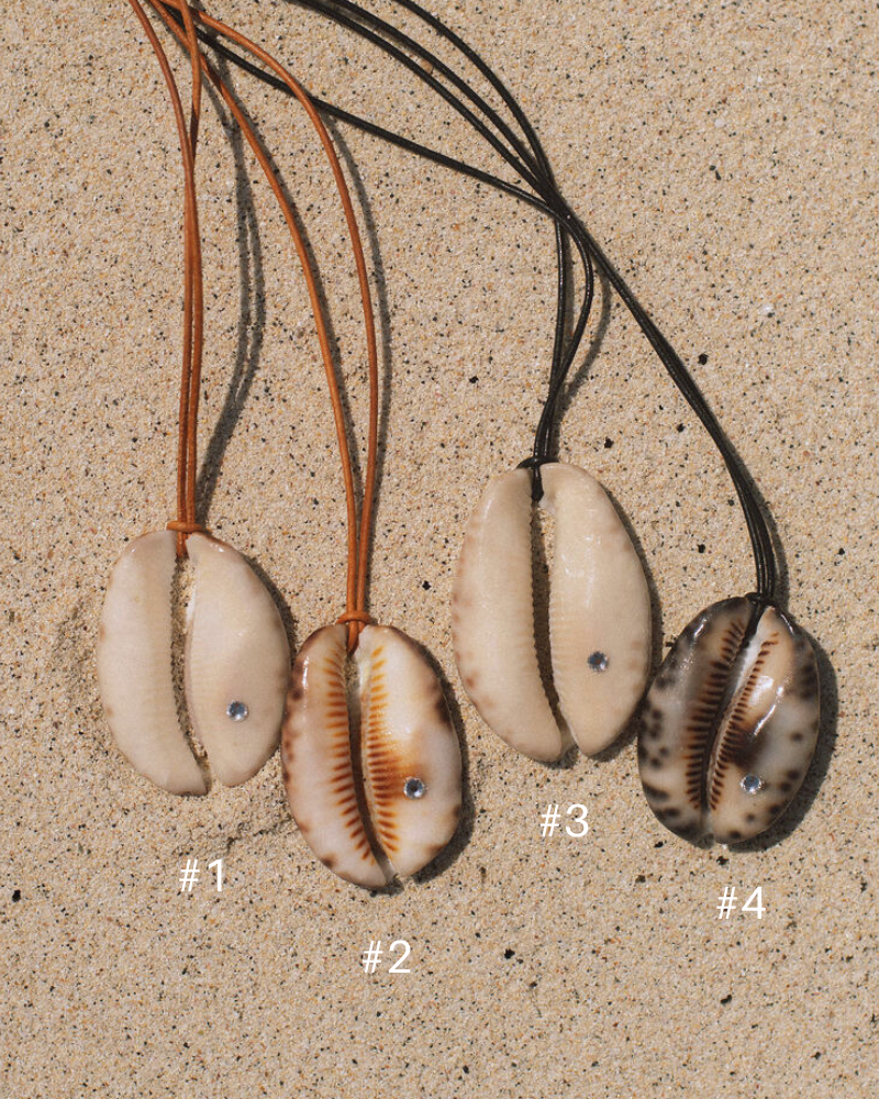  Cowrie Shell Pendant Necklace with crystal detail and leather cord