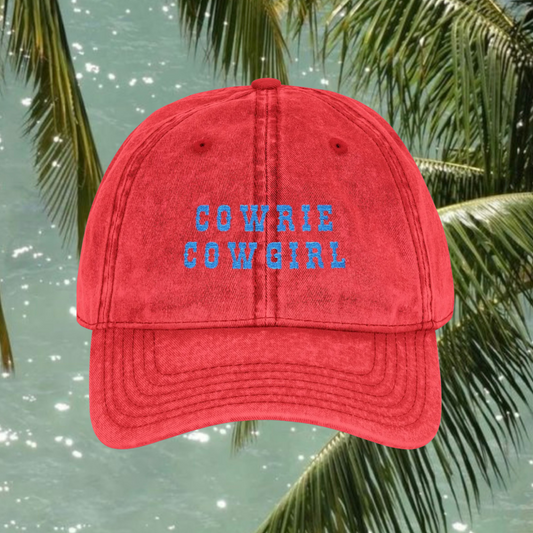 Red Vintage Wash Dad Cap with Coastal Cowgirl Design and Embroidery - Cowrie Cowgirl Hat